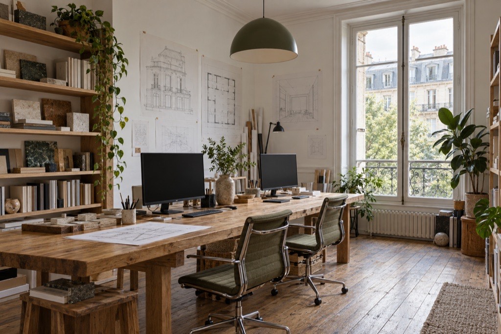 Atelier du studio : grande table en bois, écrans, échantillons sur étagères et plans épinglés au mur