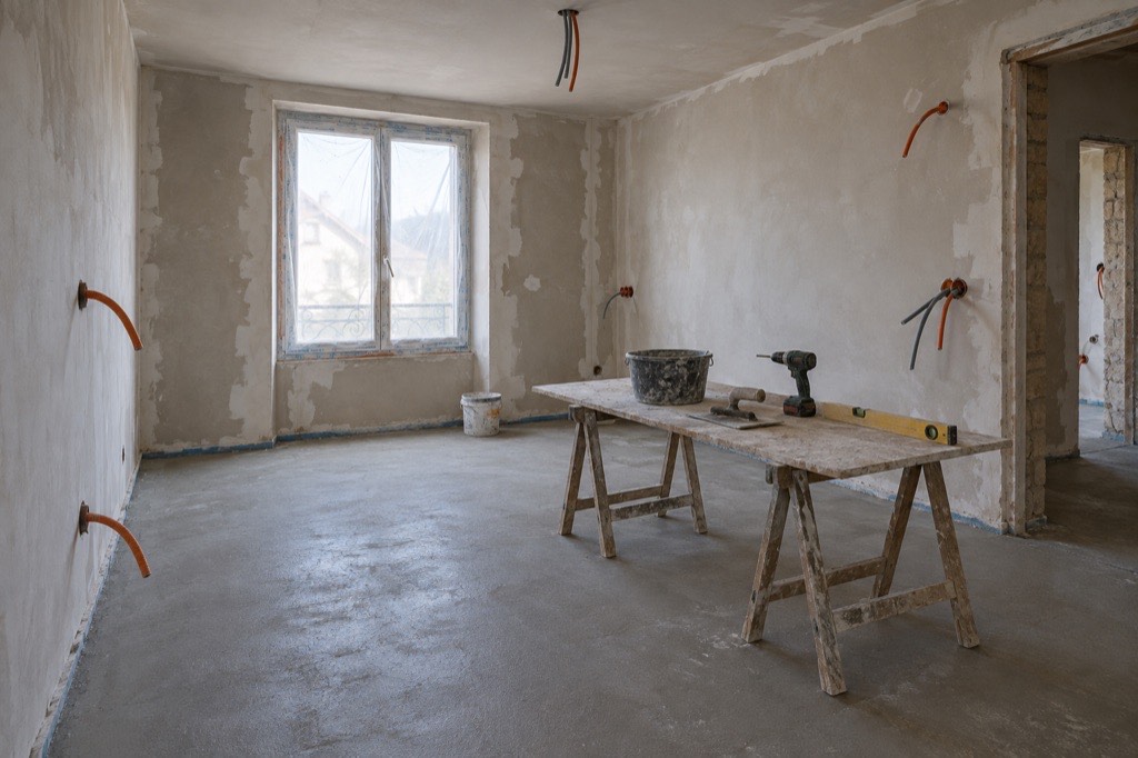 Pièce en cours de rénovation avec chape fraîche, murs enduits, gaines électriques et tréteaux