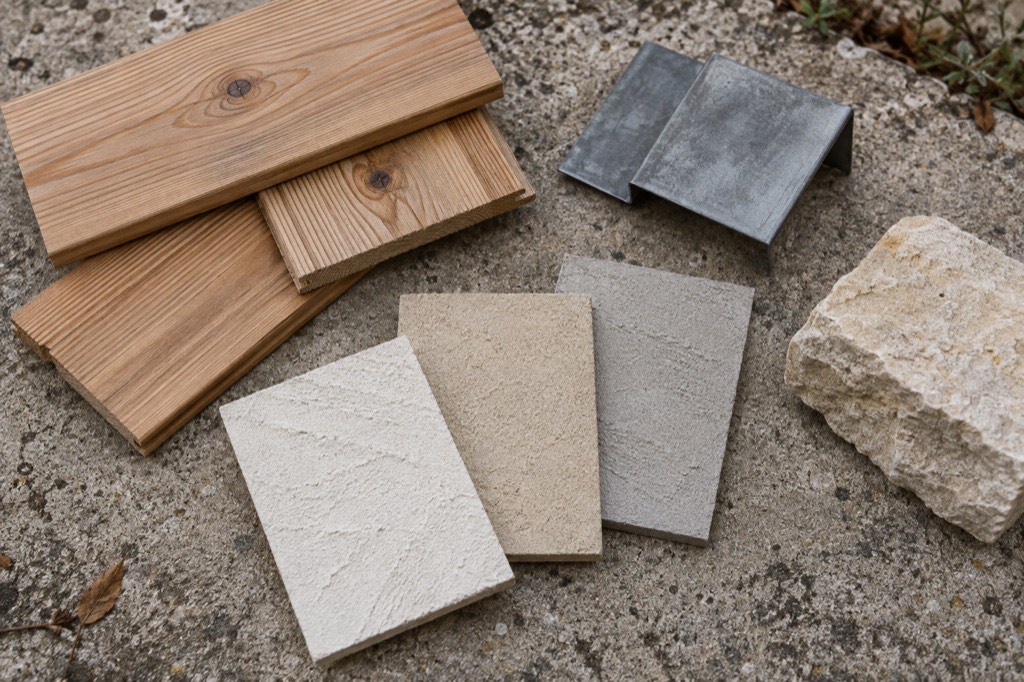Échantillons de matériaux de façade : lames de mélèze, enduits à la chaux en trois teintes, zinc et pierre naturelle