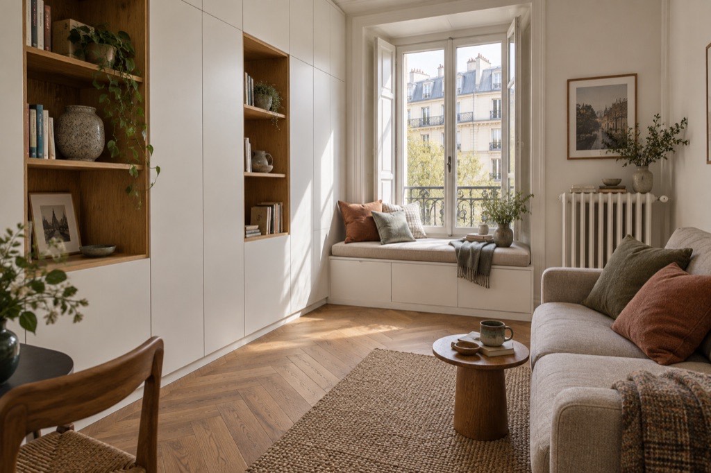 Petit séjour avec placards toute hauteur blancs à niches en chêne et banquette de fenêtre à tiroirs