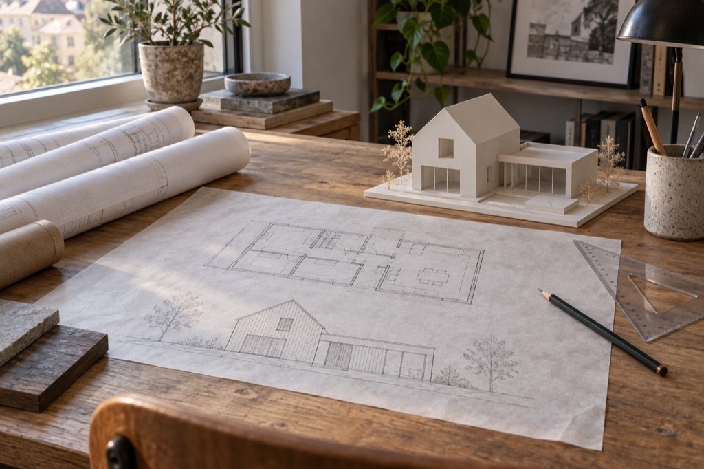 Plans d'architecture roulés, maquette blanche d'une maison avec extension et calque sur un bureau