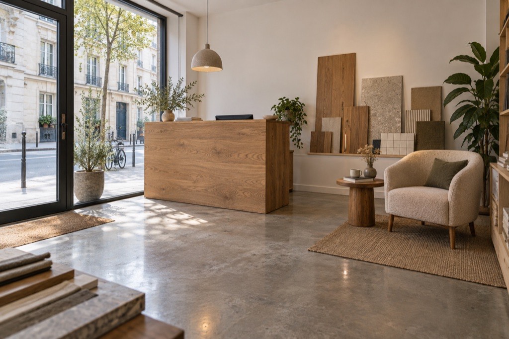 Accueil du studio : comptoir en chêne, suspension, fauteuil et planches d'échantillons contre le mur