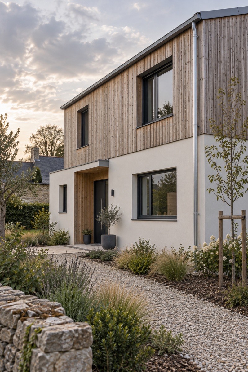 Maison contemporaine à bardage bois et enduit clair, entourée d'un jardin de graminées