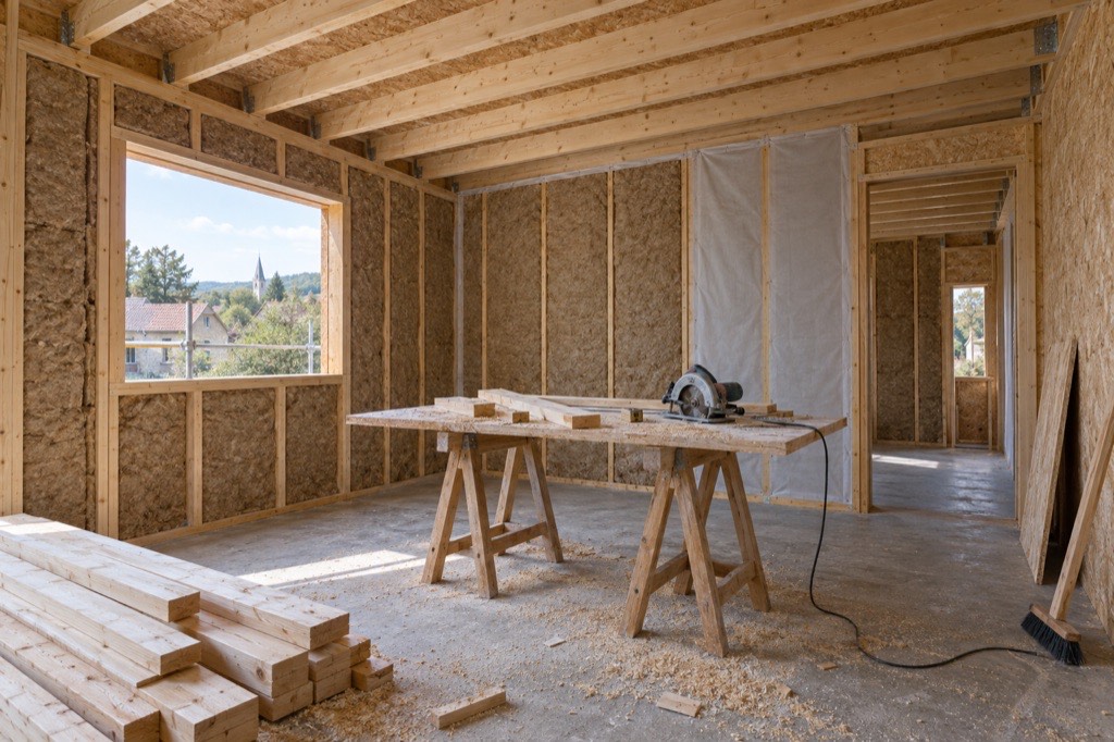 Chantier d'extension à ossature bois : structure apparente, isolant et établi, sans personnage