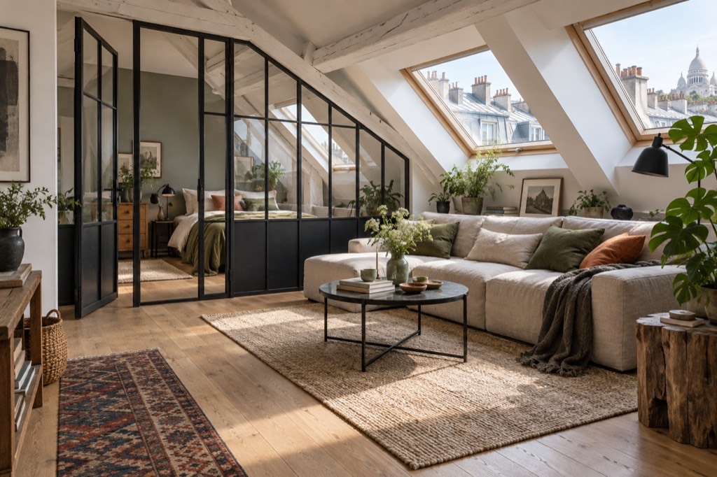 Séjour sous rampants avec verrière à châssis acier, poutres peintes en blanc et parquet chêne clair