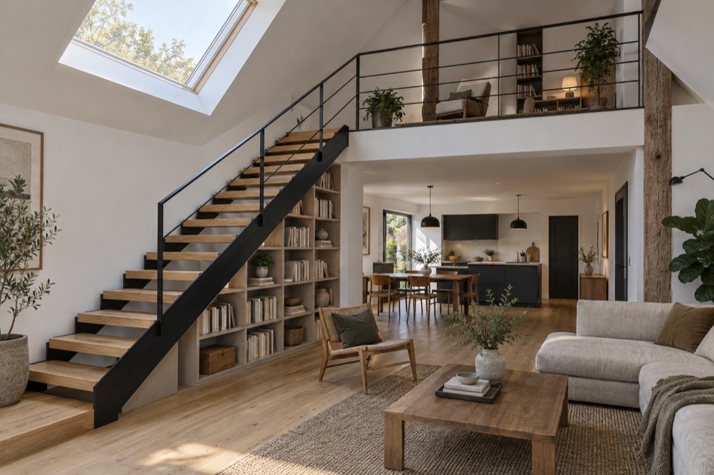 Escalier minimaliste acier et chêne menant à une mezzanine, bibliothèque intégrée sous les marches