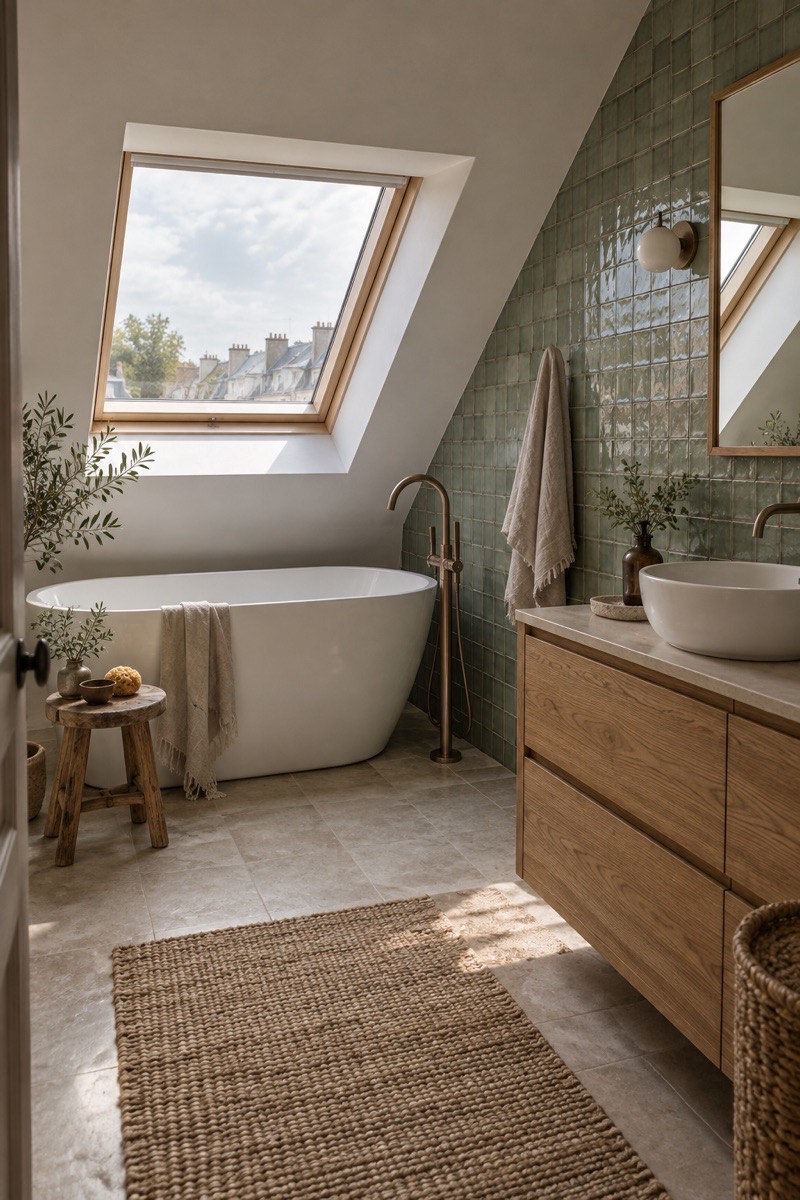 Salle de bain sous les combles avec baignoire îlot sous une fenêtre de toit et zelliges verts
