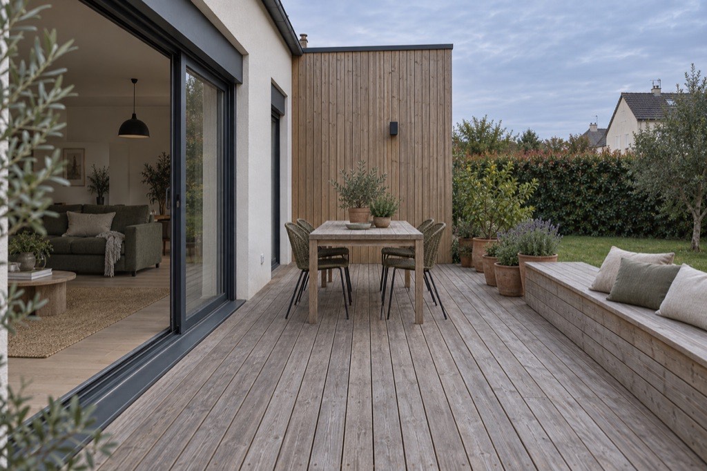 Terrasse en bois avec banc intégré, table de repas et baies coulissantes ouvertes sur le séjour
