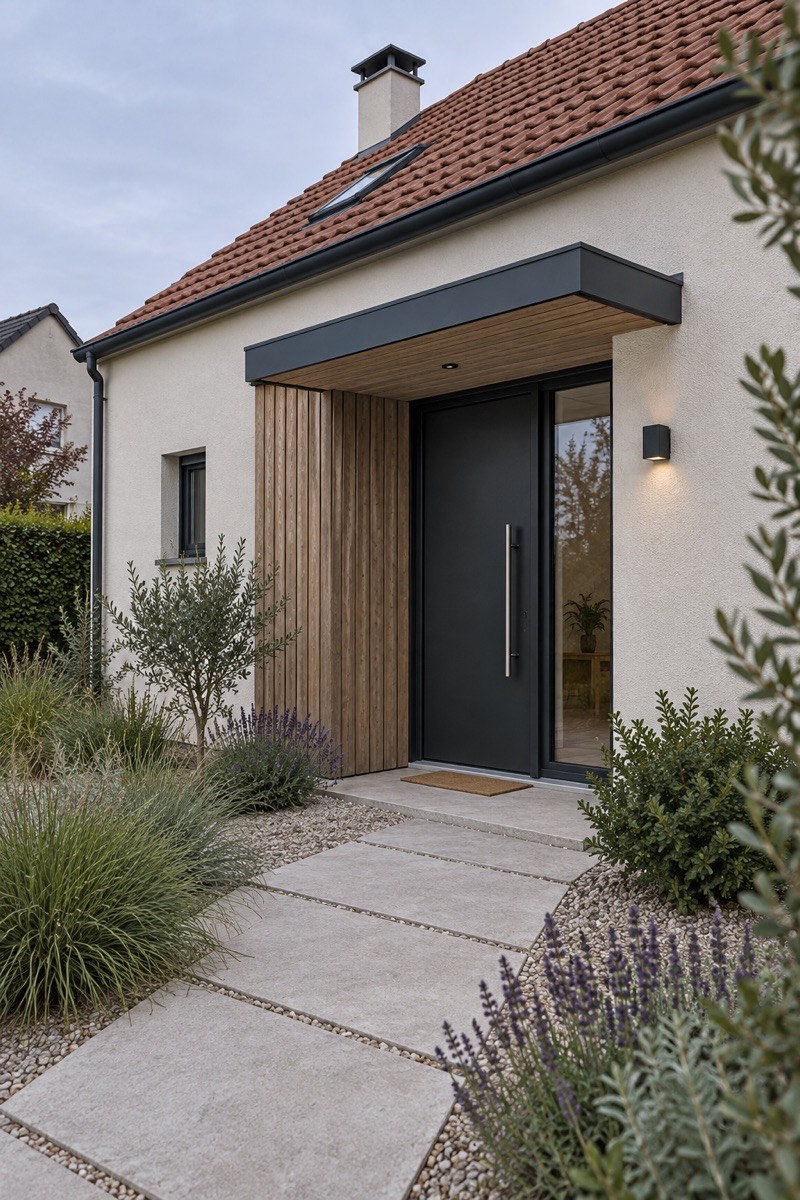 Entrée de maison avec nouvelle marquise, allée pavée, massif planté et applique murale