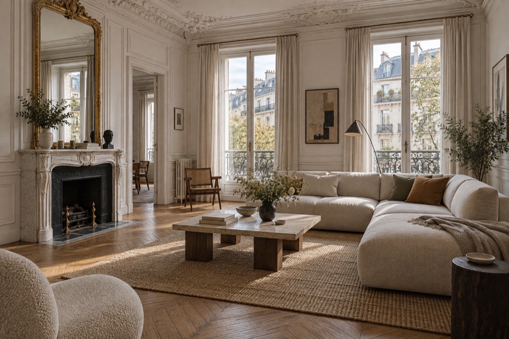 Salon haussmannien avec moulures, cheminée en marbre, parquet en point de Hongrie et mobilier contemporain