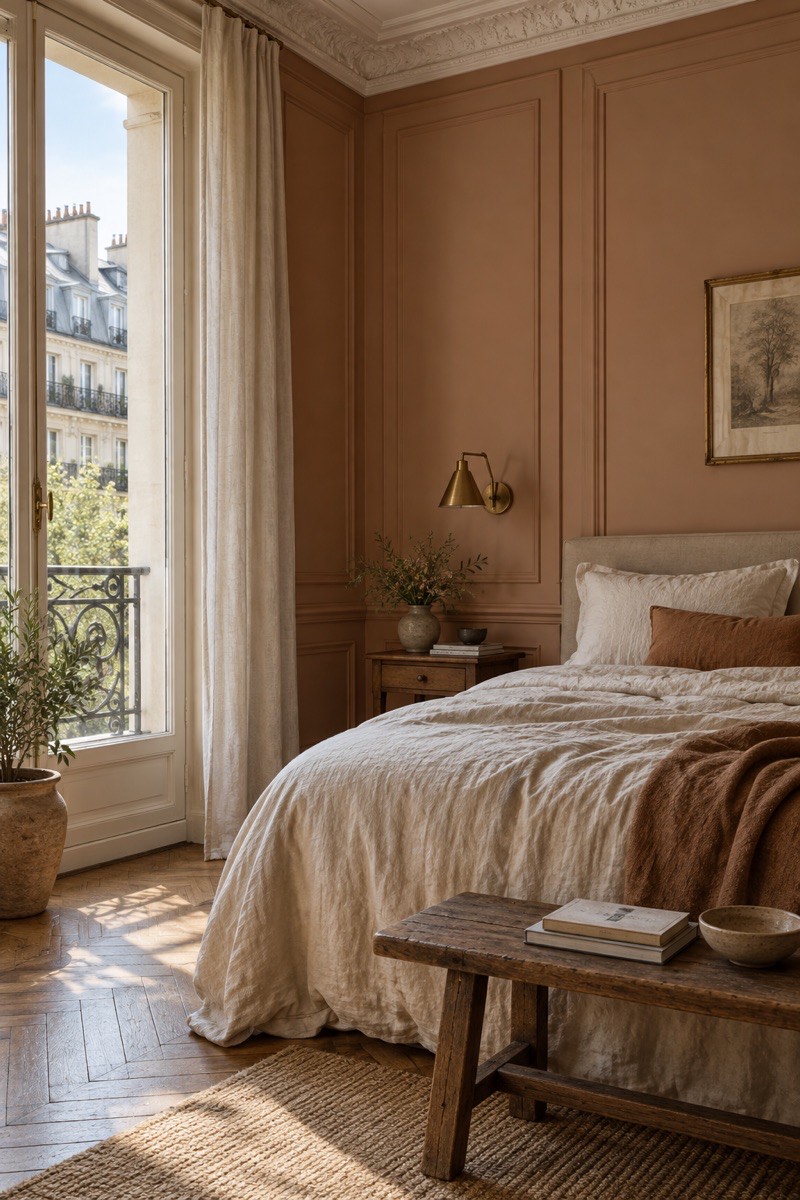 Chambre aux murs à panneaux peints dans un ton argile, avec applique murale et parquet ancien