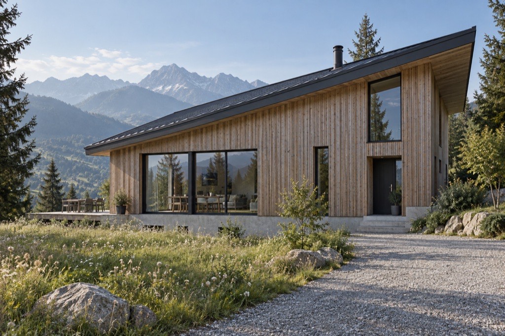 Maison contemporaine à toiture monopente et bardage bois vertical en moyenne montagne