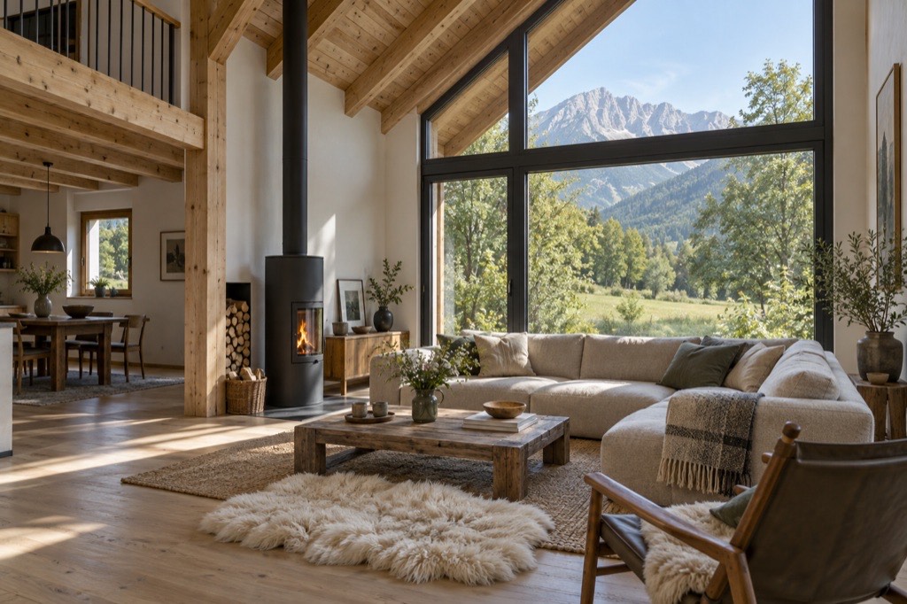 Séjour en double hauteur avec charpente apparente, poêle à bois et grande baie vitrée