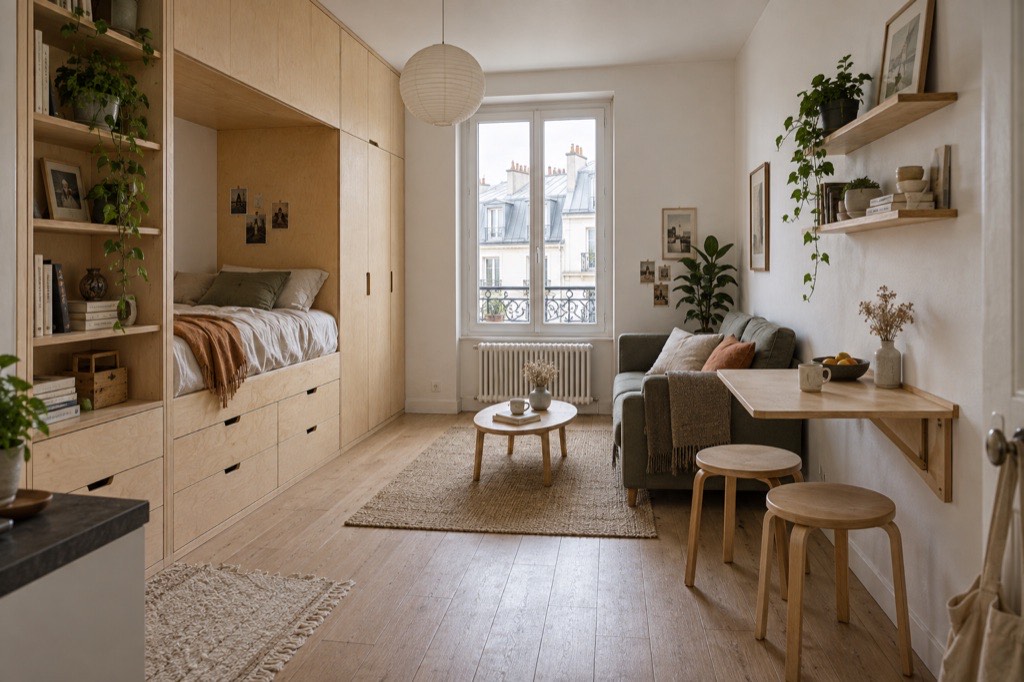 Studio avec grand meuble sur mesure en contreplaqué de bouleau intégrant une alcôve de lit et des rangements