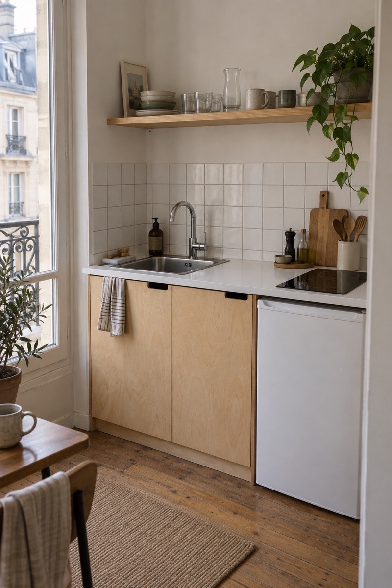 Kitchenette compacte à façades en bouleau, faïence blanche et plaque deux feux
