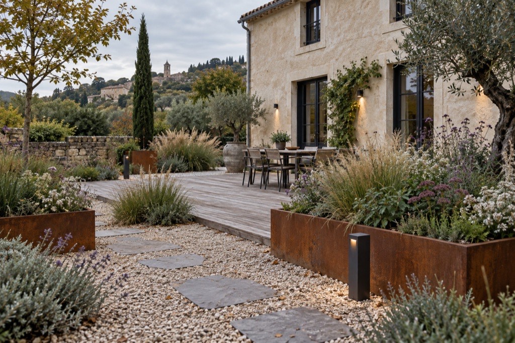 Terrasse en bois avec pergola, table et olivier en pot