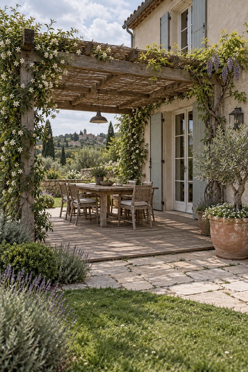 Terrasse en bois avec pergola, table et olivier en pot
