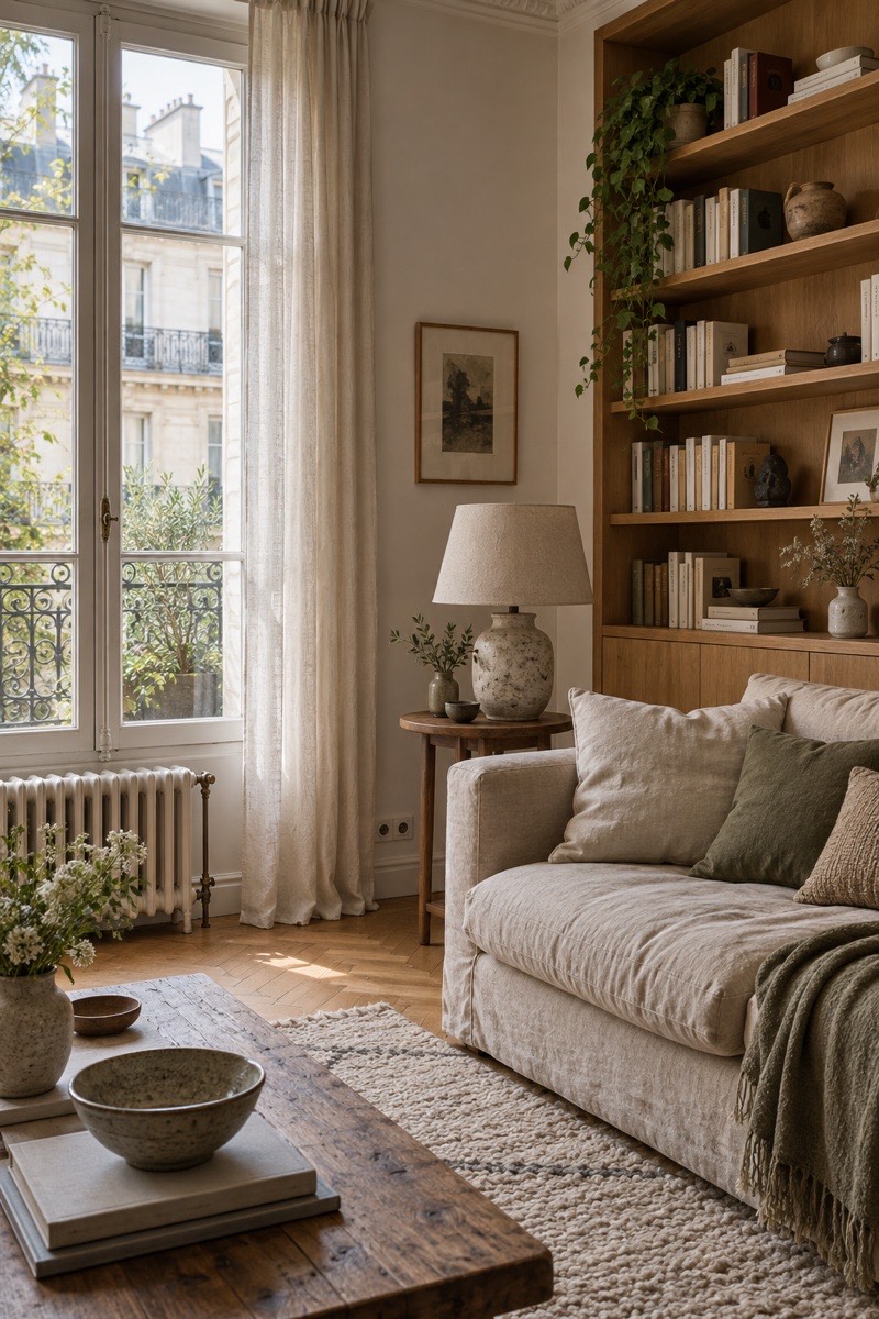 Séjour lumineux avec bibliothèque sur mesure en chêne et parquet