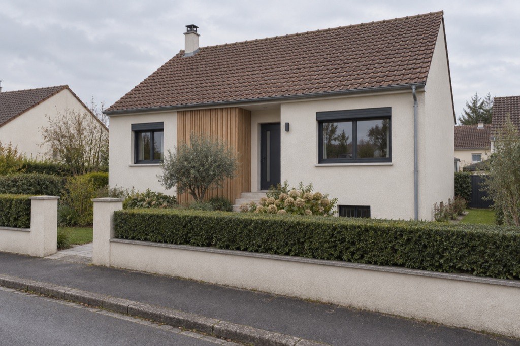 Façade de maison rénovée associant enduit minéral clair et bardage bois