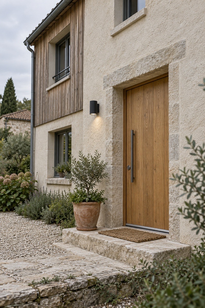 Façade de maison rénovée associant enduit minéral clair et bardage bois