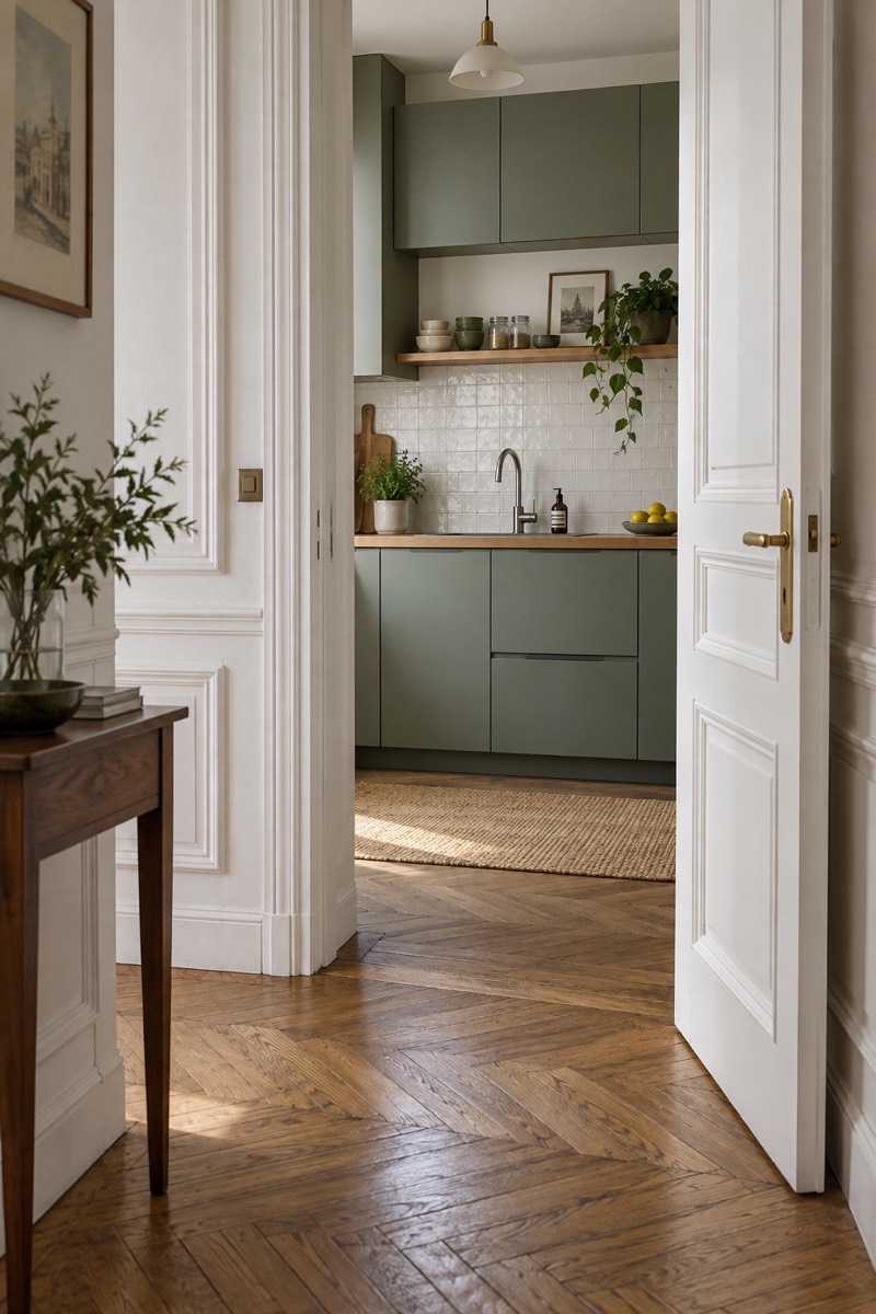 Appartement ancien rénové avec parquet en point de Hongrie et cuisine contemporaine
