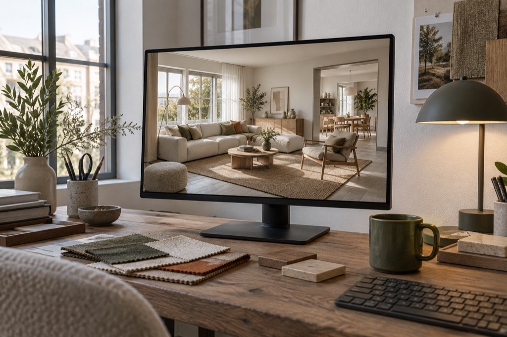Bureau de conception avec perspectives imprimées et échantillons de matériaux
